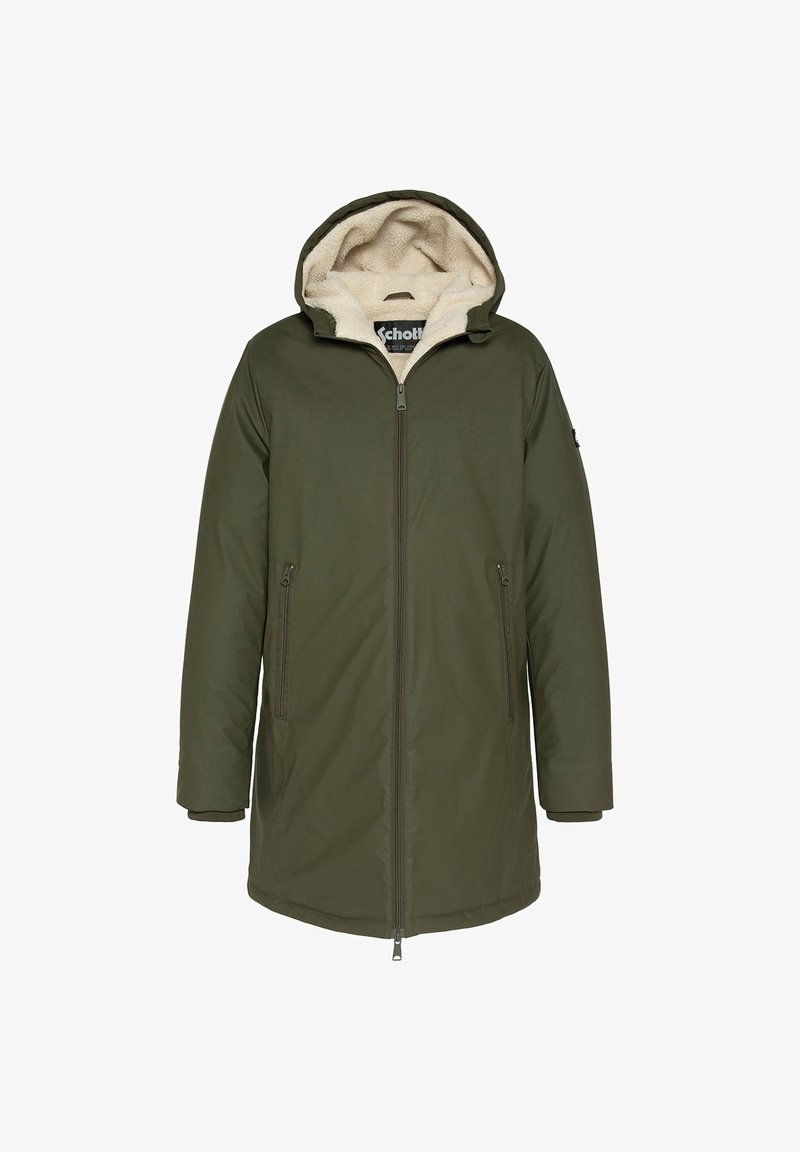 Abrigo de invierno largo en verde oliva con cremallera frontal, bolsillos laterales con cremallera y capucha forrada de felpa beige.
