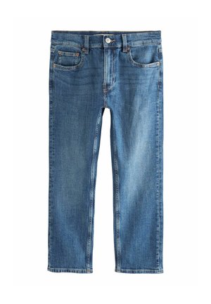 Blaue Jeans aus Denim mit geradem Schnitt, fünf Taschen, einem vorderen Knopfverschluss und leichter Ausbleichung für Textur.