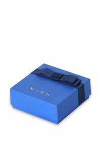 Blaues Geschenkbox mit glatter Oberfläche, goldfarbenem "MISH"-Logo oben und einem dunkelblauen Band in Form einer Schleife. Quadratische Form und robuste Konstruktion.