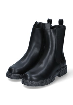 Black chelsea boots made of smooth leather with elastic side panels and a textured black rubber sole. Features pull tabs for easy wear.