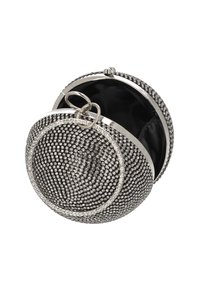Ronde zilveren clutch met een met juwelen bezette oppervlakte, versierd met strass-steentjes. Voorzien van een metalen ringsluiting en een zwarte stoffen binnenkant.