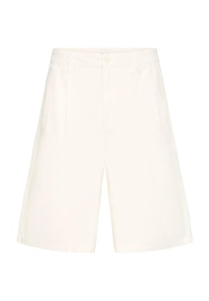 Beežid puuvillased lühikesed püksid sirge lõike, nööpidega kinnituse ja kahe eesmise taskuga. Sile tekstuur ja minimalistlik disain.