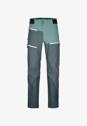 Wasserdichte Outdoor-Hosen mit einem zweifarbigen Design in Dunkelgrau und Türkis. Sie verfügen über Taschen mit weißen Akzenten und verstärkten Unterschenkeln.