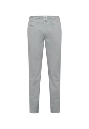 Light gray cotton chinos with a slim fit, featuring a front pocket and a zipper fly. Smooth texture with minimal design details.