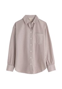 Camicia a righe in marrone chiaro e bianco, con taschino sul petto, maniche lunghe e colletto classico. Tessuto morbido.