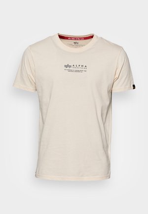 Light beige cotton t-shirt featuring short sleeves, a crew neck, and screen-printed branding in gray on the front.