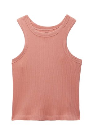 Top court sans manches en maille côtelée rose poussiéreuse avec larges bretelles et encolure ronde.