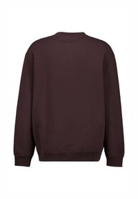 Dark brown sweatshirt featuring a relaxed fit, round neckline, and ribbed cuffs and hem. Smooth fabric texture with minimal detailing.