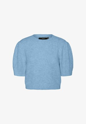 Jasnoniebieski sweter z krótkim rękawem i okrągłym dekoltem. Miękka faktura, prążkowane mankiety oraz bufiaste rękawy. Wykonany z puszystego materiału.
