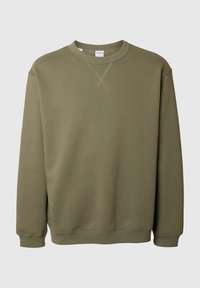 Olivgrön sweatshirt i mjukt tyg med rundad halsringning, långa ärmar och ribbade muddar och nederkant. Inga mönster eller dekorationer.