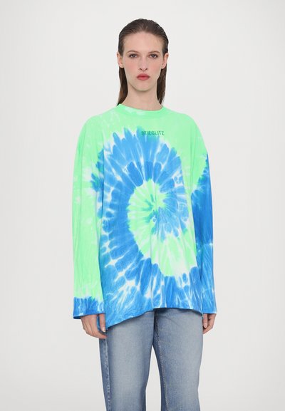 Long-sleeve tie-dye T-shirt in bright green and blue. Features a spiral pattern and logo, with a relaxed fit and soft texture.