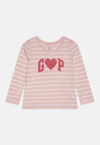 Long-sleeve pink striped shirt featuring "G♥P" in shiny red glitter on the front; soft cotton material with a rounded neckline.