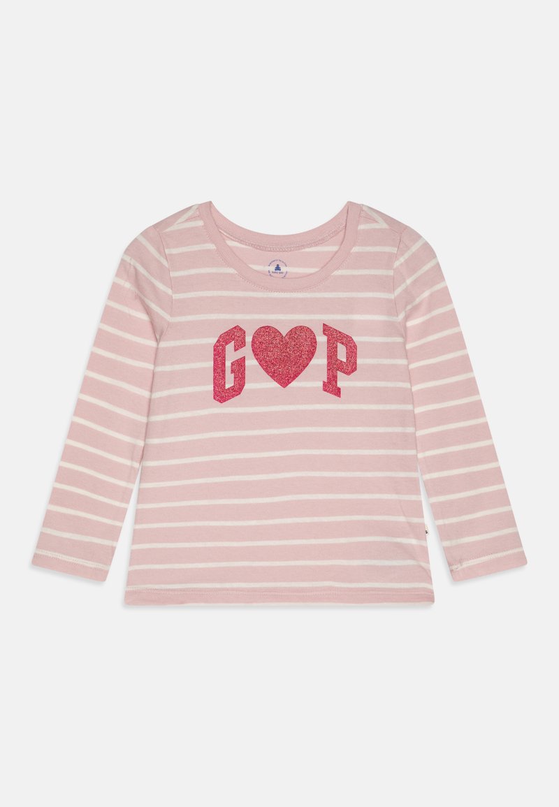 Long-sleeve pink striped shirt featuring "G♥P" in shiny red glitter on the front; soft cotton material with a rounded neckline.