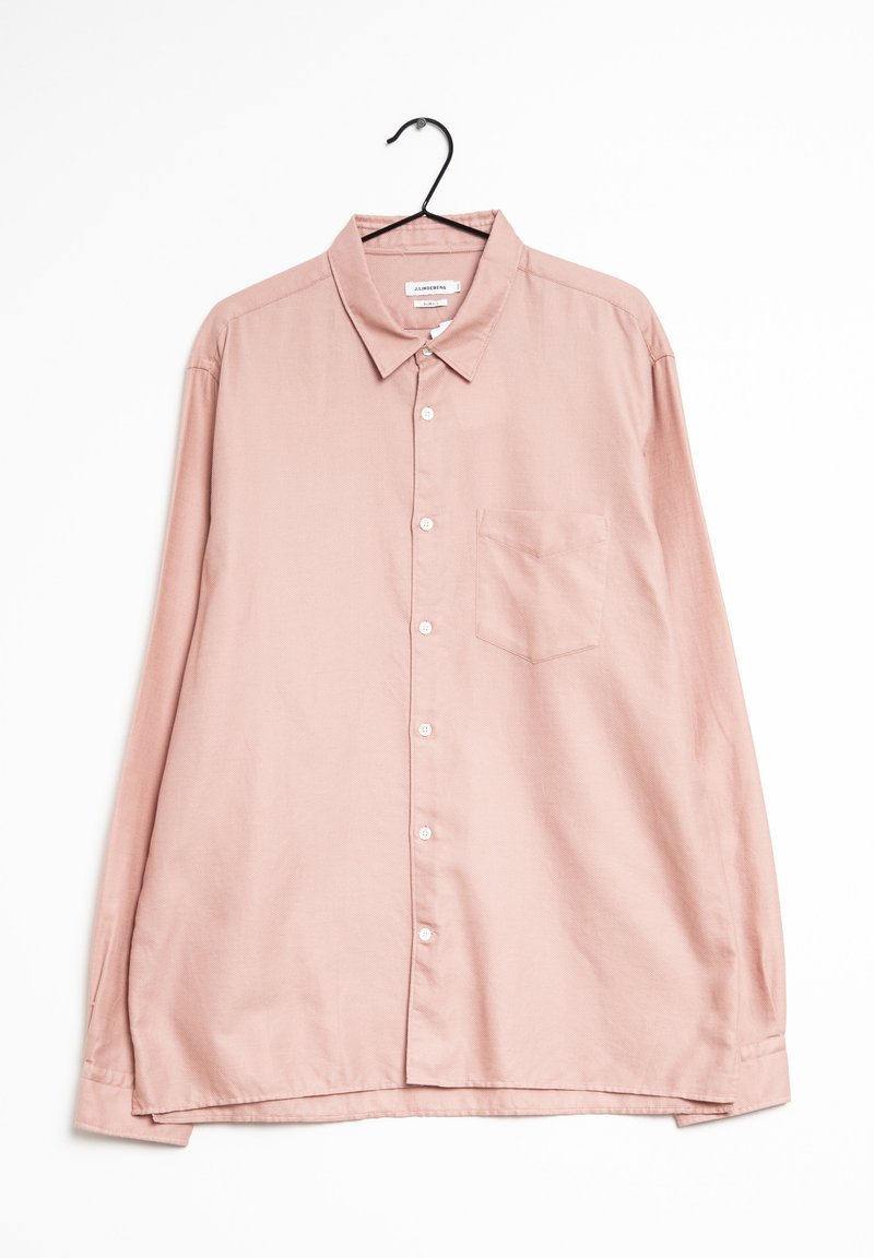 Long-sleeve button-up shirt in soft pink fabric, featuring a collar, single chest pocket, and white buttons. Smooth texture with a relaxed fit.