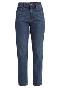Jeans de tiro alto y pierna recta fabricados en denim azul oscuro. Las características incluyen cinco bolsillos, una cremallera y detalles de desvanecimiento sutil.