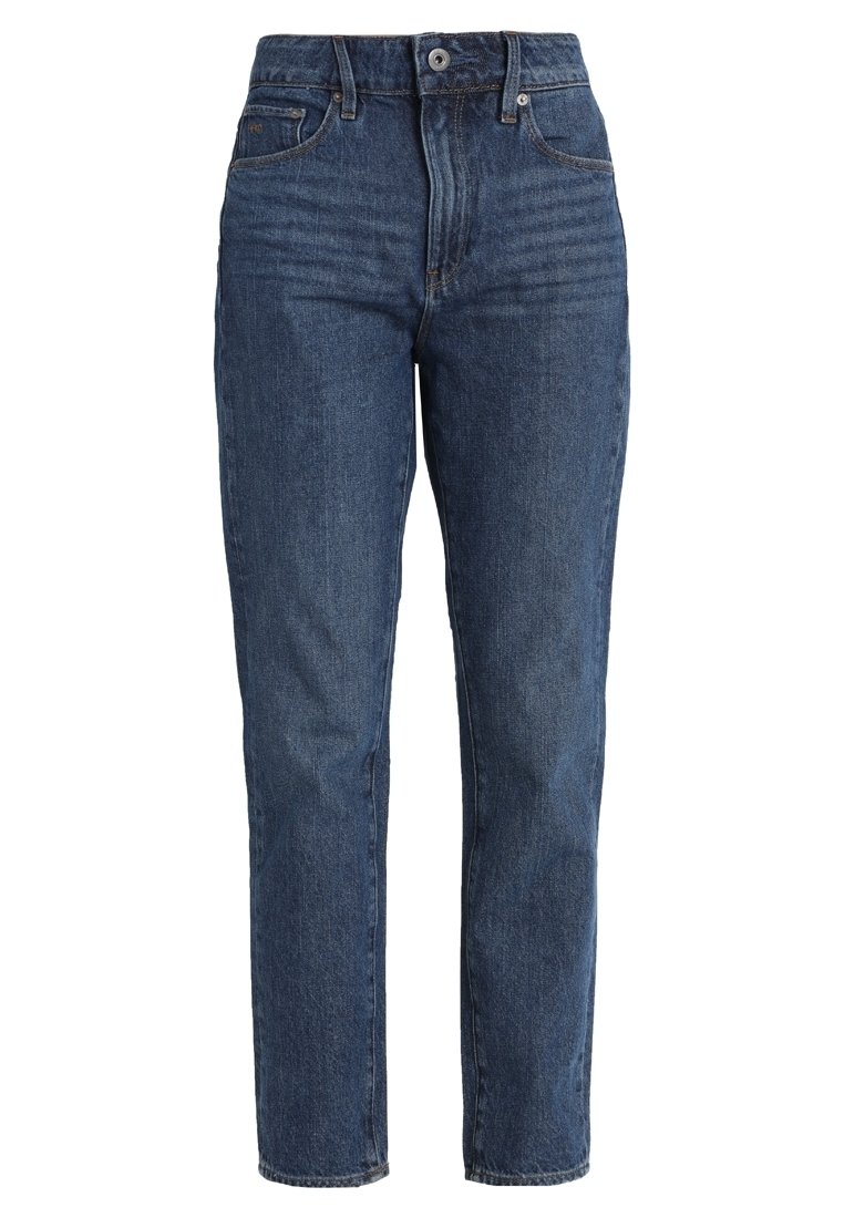 Jeans de tiro alto y pierna recta fabricados en denim azul oscuro. Las características incluyen cinco bolsillos, una cremallera y detalles de desvanecimiento sutil.