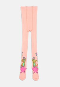 Collant rosa lavorati a maglia con design di stelle colorate e grafiche sui polsini. Texture liscia con una forma aderente e cuciture rinforzate nella parte superiore.
