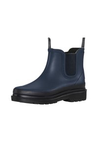 Botín waterproof de color azul marino con paneles laterales elásticos, acentos texturizados y una suela negra resistente. Material suave, diseño de punta redonda.