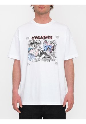 White cotton t-shirt featuring a colorful graphic print with the text "YOLCOM" and skateboard imagery on the front. Short sleeves, relaxed fit.