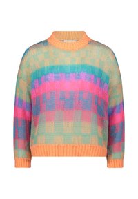 Pull en tricot multicolore avec une silhouette surdimensionnée, bordé de orange et orné d'un motif géométrique aux nuances de bleu, rose et vert.