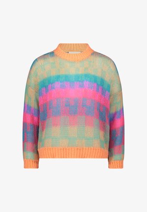 Meer gekleurde gebreide trui met een oversized silhouet, met oranje bies en een geometrisch patroon in tinten blauw, roze en groen.
