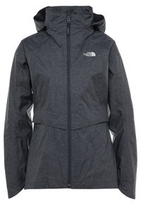 Veste imperméable à capuche gris foncé avec fermeture éclair complète à l'avant et logo The North Face sur le côté gauche de la poitrine.