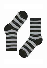Black and gray striped socks with a soft texture, featuring horizontal stripes in varying widths and a ribbed top edge.