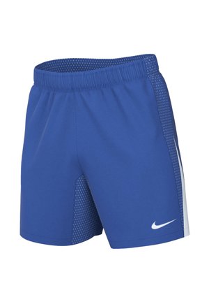 Blaue Sportshorts mit elastischem Bund, perforierten Seitenpaneelen, weißem Nike-Logo am linken Bein und weißem Streifen auf der rechten Seite.