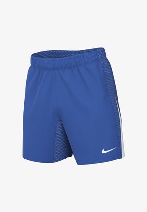 Blå atletikshorts med elastik i taljen, perforerede sidepaneler, hvid Nike-logo på venstre ben og hvid stribe på højre side.