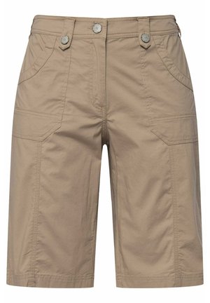 Béžové cargo šortky vyrobené z lehkého materiálu, které mají dvě přední kapsy, dvě boční kapsy a zapínání na knoflík. Hladká textura.
