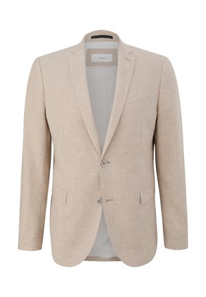 Beiger karierter Blazer mit glatter Textur, Reverskragen, zwei Knöpfen und seitlichen Taschen. Verfügt über ein gedämpftes Innenfutter.