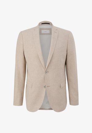 Blazer en tartan beige avec une texture lisse, des revers en pointe, deux boutons et des poches latérales. Il présente une doublure intérieure sobre.