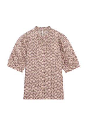 Camicia con bottoni in tessuto beige chiaro con motivo floreale in viola e verde. Presenta un colletto alto e maniche corte e puffate.