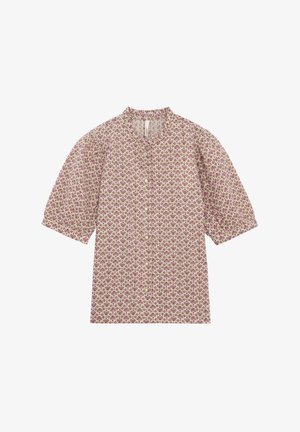 Button-up shirt in light beige fabric with floral pattern in purple and green. Features a stand collar and short, puffed sleeves.