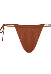Bikini bottom bronzo con riflesso metallico e lacci laterali. Presenta un centro arricciato e un design a copertura minima. Texture liscia e materiale elasticizzato.