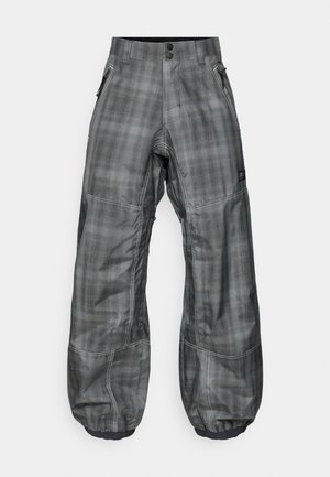 Hallidehall mustriga laiad püksid elastsete äärtega, lukuga küljetaskud, kahekordse nupu kinnitusega ja nähtava valge õmblusega.