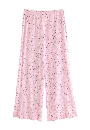 Pantaloni rosa a gamba larga con piccoli cuori rossi e orlo arricciato, dotati di vita elastica.