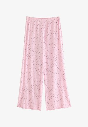 Pantaloni rosa a gamba larga con piccoli cuori rossi e orlo arricciato, dotati di vita elastica.