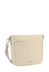 Borsa a tracolla beige realizzata in materiale liscio, con chiusura a pattina, tracolla regolabile e tasca frontale. Dettaglio logo argento nella parte inferiore.