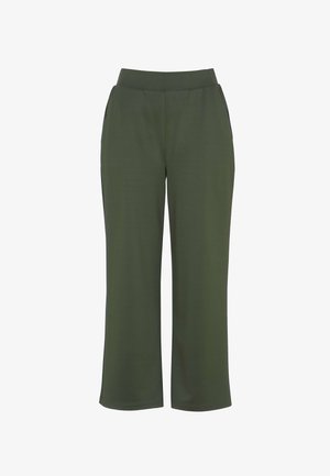 Grønne cropped bukser med en glat tekstur, elastisk talje og sidelommer. Har et lige ben-design for komfortabelt brug.