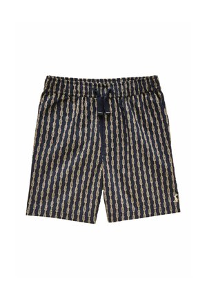 Navy blue shorts with beige vertical chain pattern, elastic waistband, and front drawstring. Small logo near hem on left leg.
