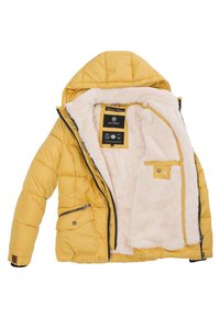 Yellow puffer jacket with a fluffy white interior, hood, zippered front, and side pockets. Features a label on the inner lining.