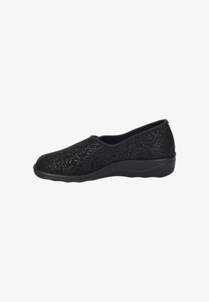 Chaussure noire à enfiler avec un motif floral texturé, semelle en coin basse, bout arrondi et ouverture élastique pour un enfilage facile.