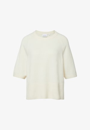 Kremowy krótki sweter dziany z krótkim rękawem, okrągłym dekoltem oraz ściągaczami na dole i na mankietach, oznaczony marką "Comma".