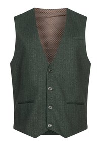 Grønn fiskebensvest med V-hals, fem knapper foran, to sidelommer og et mønstrete brunt fôr. Stoffet har en teksturert overflate.