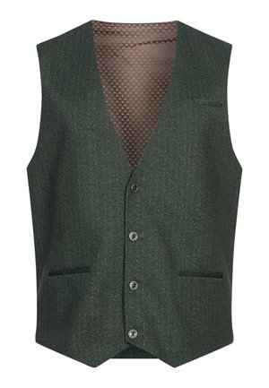 Chaleco verde de espiga con cuello en V, frente de cinco botones, dos bolsillos laterales y forro marrón estampado. La tela tiene un aspecto texturizado.