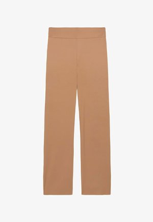 Pantalones beige elásticos con una cintura ancha y plana. Diseño entallado de pierna recta sin costuras visibles ni bolsillos. Textura suave en toda la prenda.