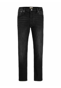 Črne ozke kavbojke s petimi žepi, zanko za pas, zadrgo in zapenjanjem na gumb, prikazane od spredaj na belem ozadju.