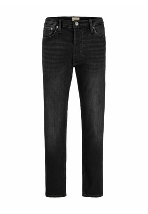 Svarte jeans med smal passform, fem lommer, beltehemper, glidelås og knappelukking, vist forfra på hvit bakgrunn.