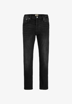 Svarte jeans med smal passform, fem lommer, beltehemper, glidelås og knappelukking, vist forfra på hvit bakgrunn.